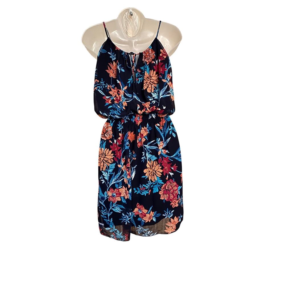 Enfocus Studio beautiful cinch waist black floral sheer chiffon mini dress sz 6